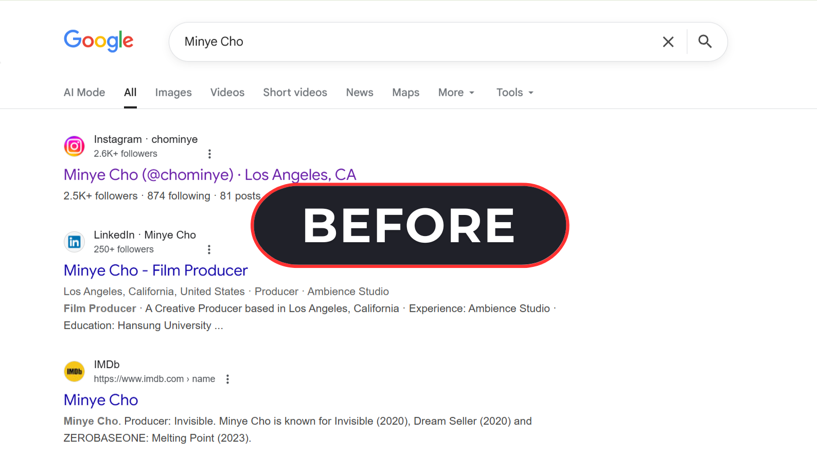 GCC Media Group client Google search results before - showing only social media and IMDb profiles